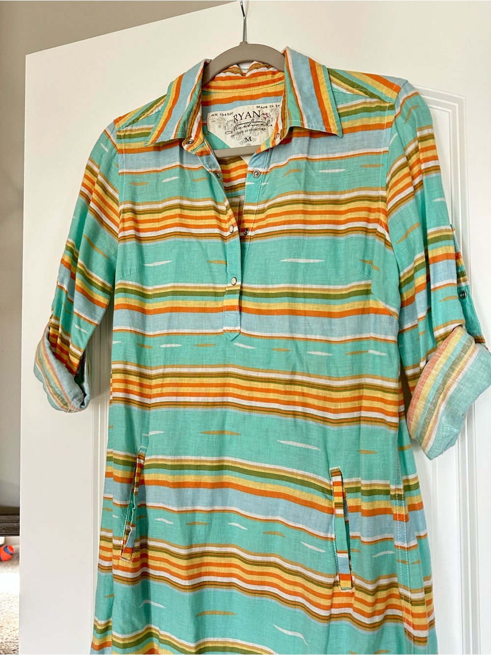 Ryan Michael Turquoise Serape Striped Long Sleeve Dress w/ pockets- Medium